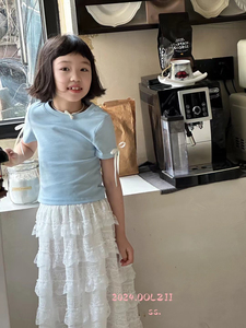韩国童装豆子豆瓣女童短版修身t洋气蝴蝶结纯色短袖女孩项链上衣