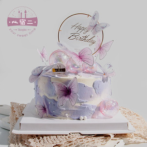 梦幻蓝紫色系蝴蝶款上海女神妈妈女朋友生日蛋糕同城配送动物奶油