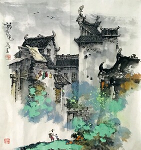 纯手绘四尺斗方客厅书房写意古宅徽派建筑马头墙名人字画国画书画