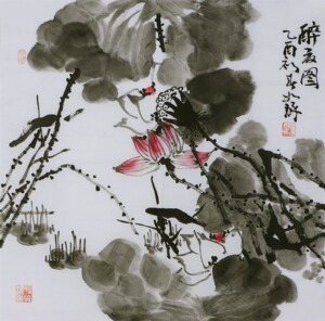 纯手绘四尺斗方临摹崔如琢水墨大写意花鸟荷花墨荷名人字画国画