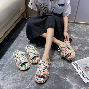 帆布乞丐拖鞋女夏外穿2022新款半拖休闲彩色涂鸦搞怪溶解厚底凉拖