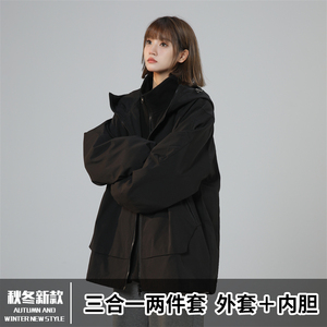 三合一冲锋棉衣女秋冬季今年流行美式高街工装oversize外套棉服潮