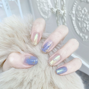 夏日清爽冰蓝色极光星空假指甲贴片活力元气少女美甲成品神仙颜色