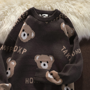港风ins原宿风复古小熊印花宽松圆领毛衣男女潮牌打底针织衫外套