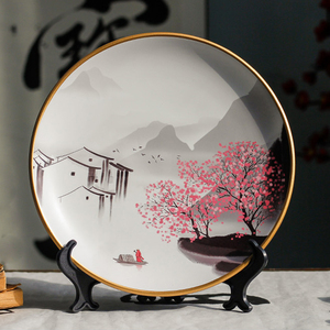 新中式装饰盘子书架摆件陶瓷摆盘客厅酒柜赏盘墙面挂盘工艺瓷盘