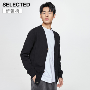 【新疆棉】selected思莱德男v领系扣长袖纯色针织毛衣r|421124019