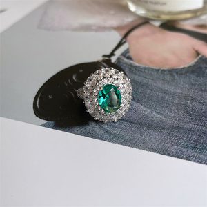 欧美彩宝系列超仙湖泊绿宝石 椭圆锆石微镶高级感开口戒指食指戒