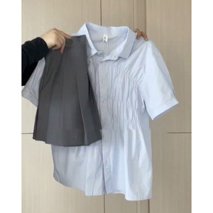 蓝色polo领子短袖衬女衫2024夏季新款小个子设计感法式独特小上衣