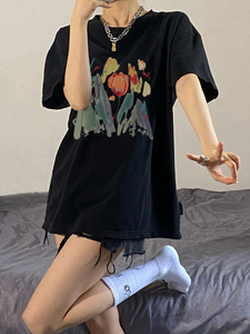 黑色短袖上衣女夏季2024年新款韩版宽松中长款百搭休闲学生T恤潮
