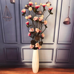 客厅装饰花创意摆件大型落地仿真花束干树枝插花玫瑰牡丹叶脉假花