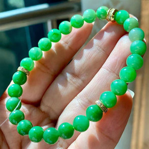 缅甸玉天然翡翠手链女 冰飘绿花玉珠子手链女6.8圆珠手串玉石珠链