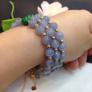 天然a货紫罗兰翡翠珠子18k金手链女缅甸玉石圆珠手串玉珠链带证书