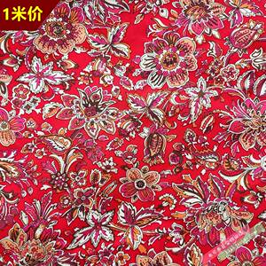 喜庆红色底富贵金花 平纹印花纯棉布料全棉花布服装面料