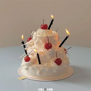 韩国ins风简约蛋糕装饰 小樱桃可爱黑色铅笔蜡烛车厘子蛋糕蜡烛款