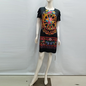 杭州丝绸专柜正品S1F087绝版特价喷绘连衣裙彩纹短袖包臀中裙
