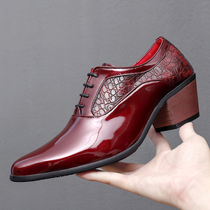 男士高跟鞋粗跟尖头皮鞋男红色发型师增高6cm西装商务休闲鞋子男