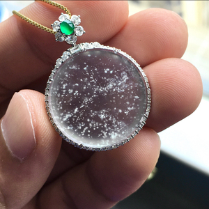 仕玉轩天然a货翡翠玻璃种木那雪花棉平安扣圆无事牌镶嵌18k金吊坠