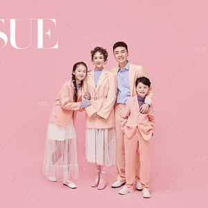 全家福母女父女粉色系现代风时装款糖果色韩版4人亲子装影楼写真