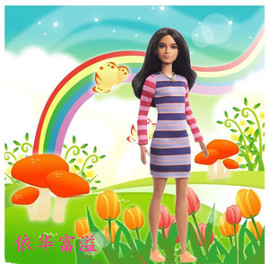 BARBIE芭比时尚达人之条纹长袖连衣裙女孩娃娃玩具 衣服配饰GYB02