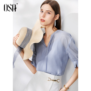 osa欧莎官方旗舰店正品女装蓝色薄款v领雪纺衫女短袖气质减龄小衫