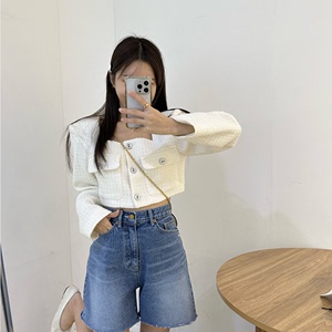 韩国小香短外套女2023春季新款法式名媛气质方领小个子高级感上衣
