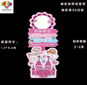 粉色公主城堡宝宝宴百日宴满月生日宴周岁迎宾牌psd素材kt板成品