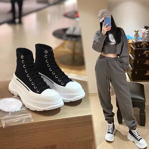 麦昆小白鞋女高帮帆布厚底鞋加绒百搭松糕底增高老爹鞋男秋冬新款