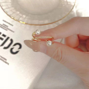 DIY珍珠配件 925银珍珠戒指空托 双珠金色银色指环托 配5-7mm圆珠