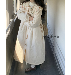 樱田川岛2024新款秋冬季学院风娃娃领棉袄韩系长款加厚棉服外套女