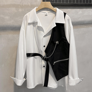 炸街长袖衬衫男士潮流韩版设计感小众上衣春季痞帅衬衣马甲一套装