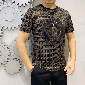 versace范思哲短袖男装新款美杜莎长城纹烫钻印花修身t恤圆领上衣