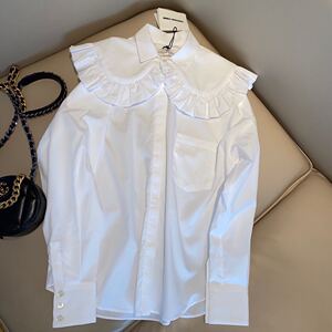早秋小众设计 时髦个性双领设计荷叶边大领子白色衬衫