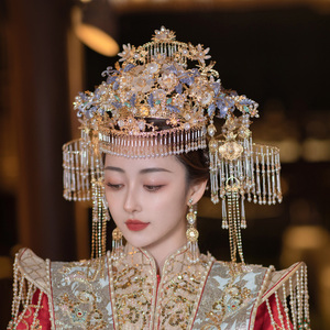 中式民族风发饰套装大气金色凤冠流苏古典华丽高级古装秀禾服头饰