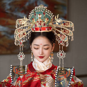 中式新娘头饰带翅膀珠串流苏古装宋制明制唐制婚礼凤冠霞帔发饰品