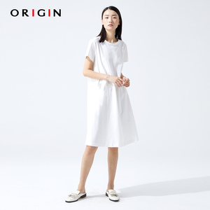 origin安瑞井春夏女装圆领短袖休闲连衣裙纯色宽松绣花中长裙