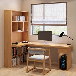 实木双人书桌书柜一体客厅长学习桌转角l型长条办公定制大电脑桌