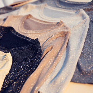 韩版春装半高圆领亮丝闪光丝显瘦七分袖针织衫打底衫薄t恤套头女