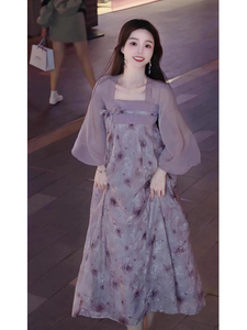 新中式国风紫色改良汉服连衣裙夏季新款汉元素齐胸襦裙唐制中长裙