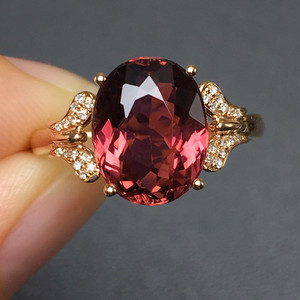 天然红碧玺戒指18k玫瑰金镶嵌钻石彩宝轻奢椭圆形紫红色宝石女戒