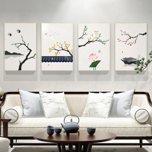 石家小鬼 春夏秋冬四季挂画餐厅现代新中式客厅四联装饰画墙壁画