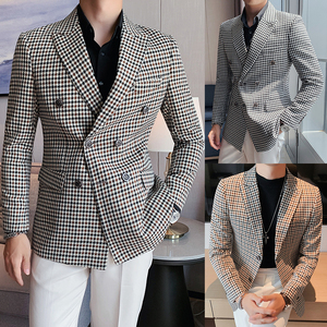 格子西服男修身韩版潮流痞帅气英伦风小西装商务休闲春秋格纹外套