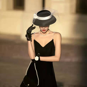 新娘黑色大礼帽山茶花头饰网纱发饰影楼拍照配饰品大气高级赫本风