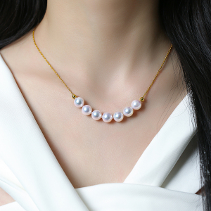 日本海水珍珠项链微笑链7珠18k金金球链子正圆基本无暇极强光项链