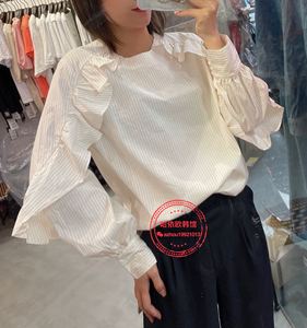 1丁螺女装欧洲站2021春装新款韩版时尚休闲荷叶袖条纹衬衫