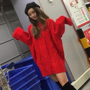2024秋冬季新款女装韩版保暖粗毛线中长款加厚大红色毛衣宽松外套