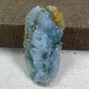 缅甸天然a货翡翠玉器玉坠带证-特色精工黄翡三彩不动明王吊坠挂件