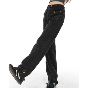 赛小懒黑色直筒牛仔裤女夏季高腰设计感小众宽松工装阔腿裤子长裤