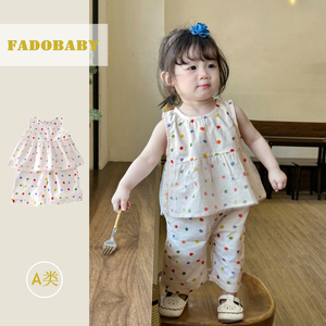 女童超萌波点套装0-5岁夏季韩版儿童无袖娃娃衫休闲裤洋气两件套