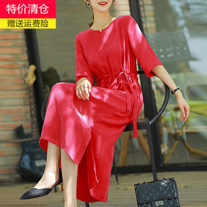新款高端气质重磅铜氨丝连衣裙女夏中袖收腰大码显瘦真丝长裙红色