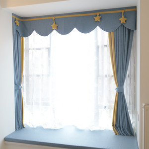 遮光窗帘棉麻蓝色拼接纯色成品卧室客厅现代落地飘窗武汉窗帘定制